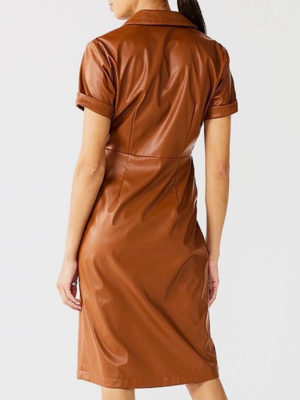 Brown Faux Leather Wrap Midi Dress Short Sleeve Vegan Leather Chic Minimalist M